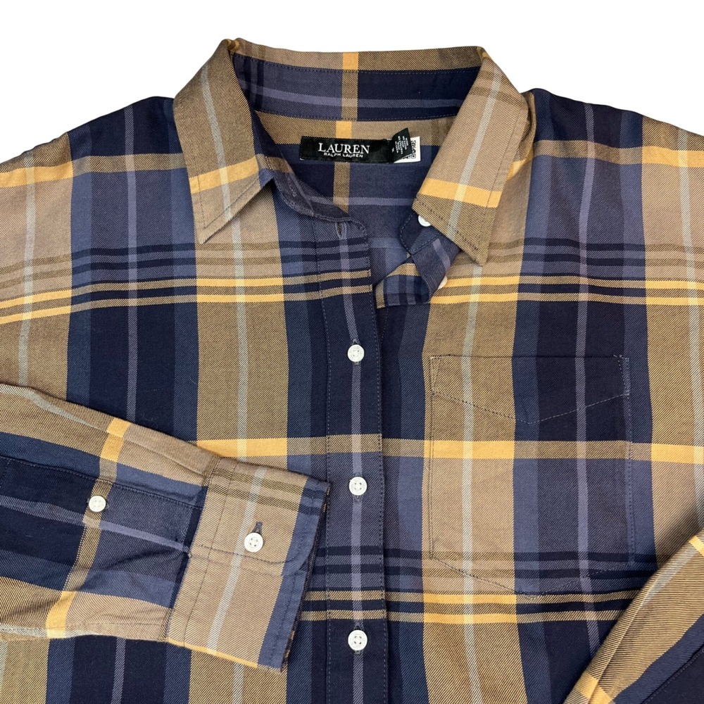 Lauren Ralph‎ Lauren Mens Plaid Button Down Shirt Navy Blue Tan Yellow Cotton M